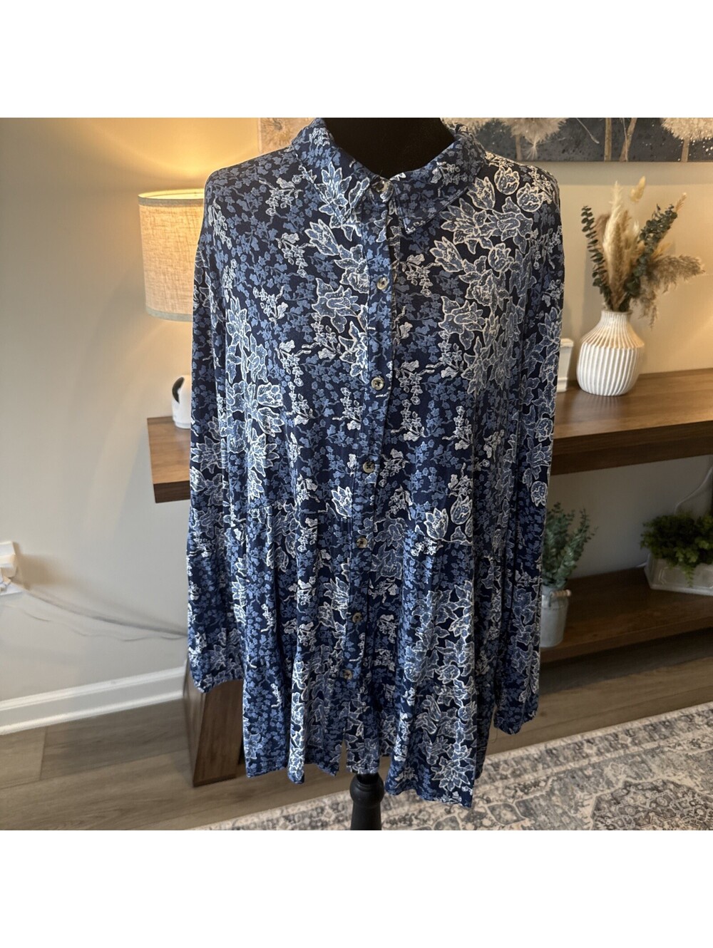 New Direction Blue Floral Long Sleeve Button Front Tunic Size 2x